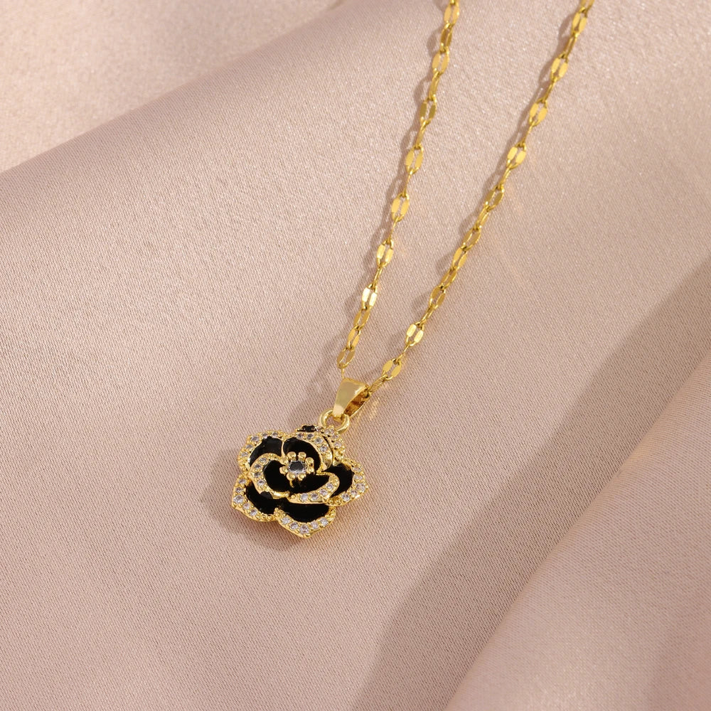 New Light Luxury Black Rose Pendant Necklaces Earrings For Women