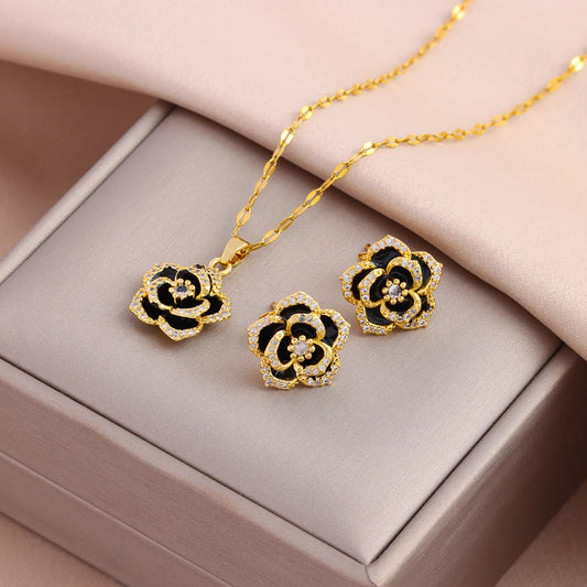 New Light Luxury Black Rose Pendant Necklaces Earrings For Women